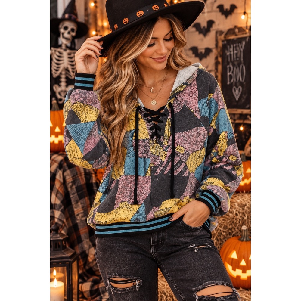 Disney Nightmare Before Christmas Sally Patchwork Lace Up Hoodie Womens Large